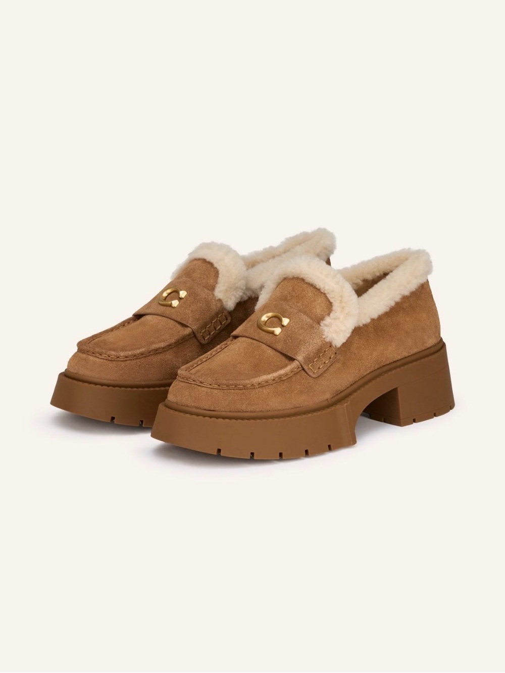 Coach Leah Shearling Suede Platform Loafers Coconut Natural Size 9 NWT